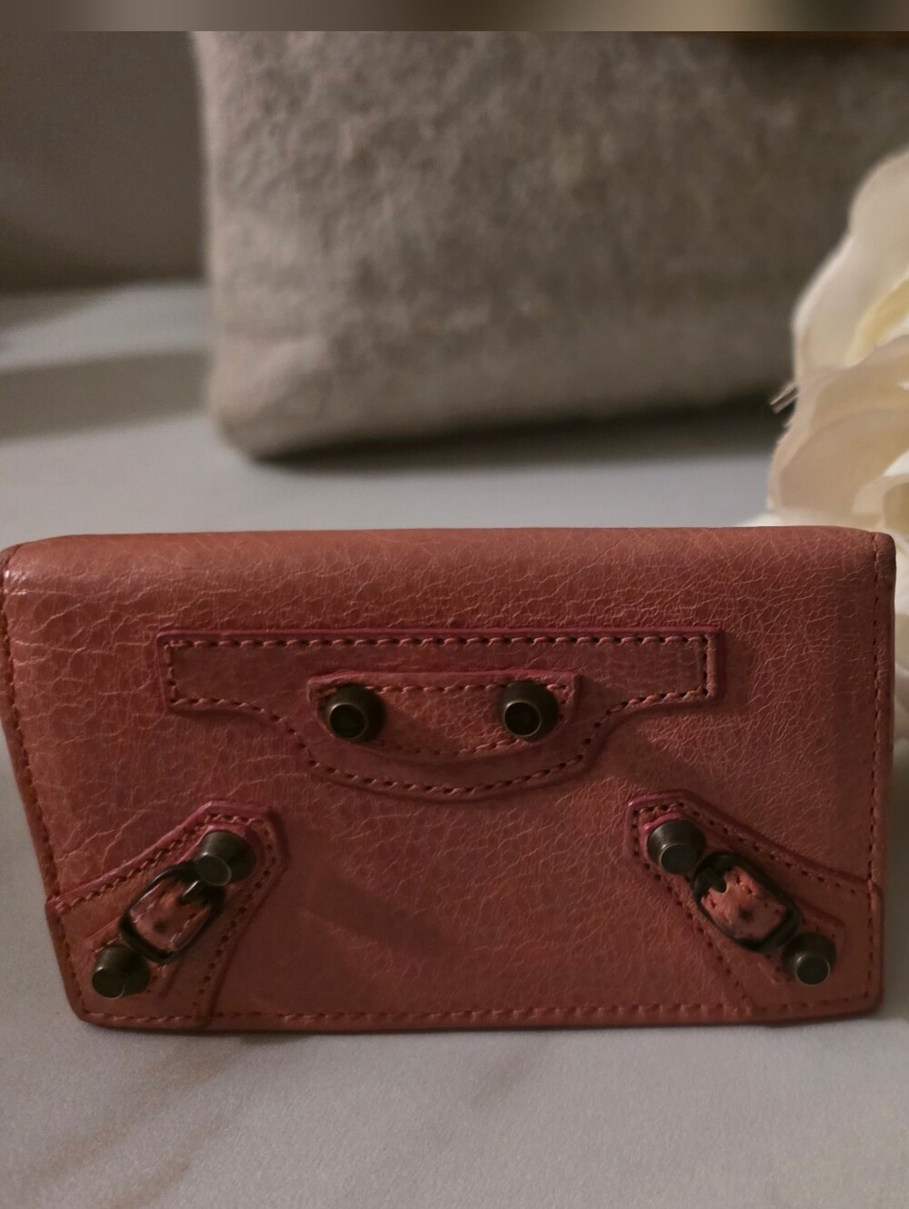 Balenciaga Rose Leather Card Case with Signature Studs